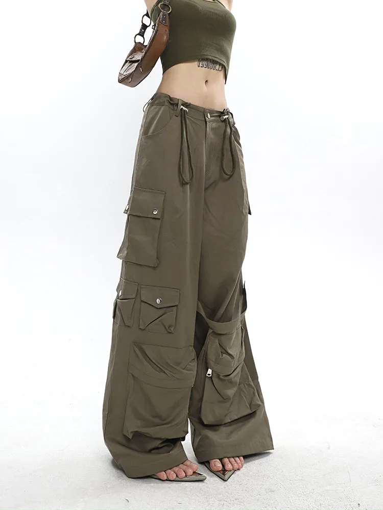 Nial Solid Color Army Green Multi Pocket Wide Leg Cargo Pants