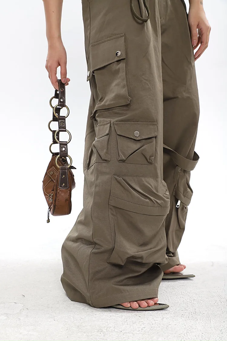 Nial Solid Color Army Green Multi Pocket Wide Leg Cargo Pants