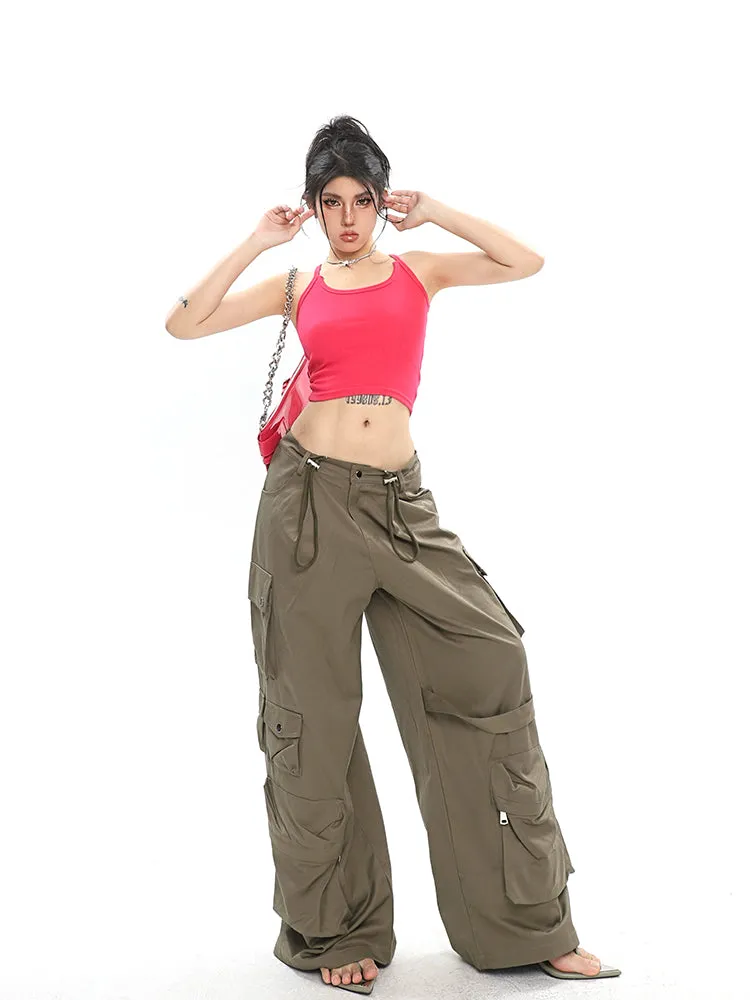 Nial Solid Color Army Green Multi Pocket Wide Leg Cargo Pants