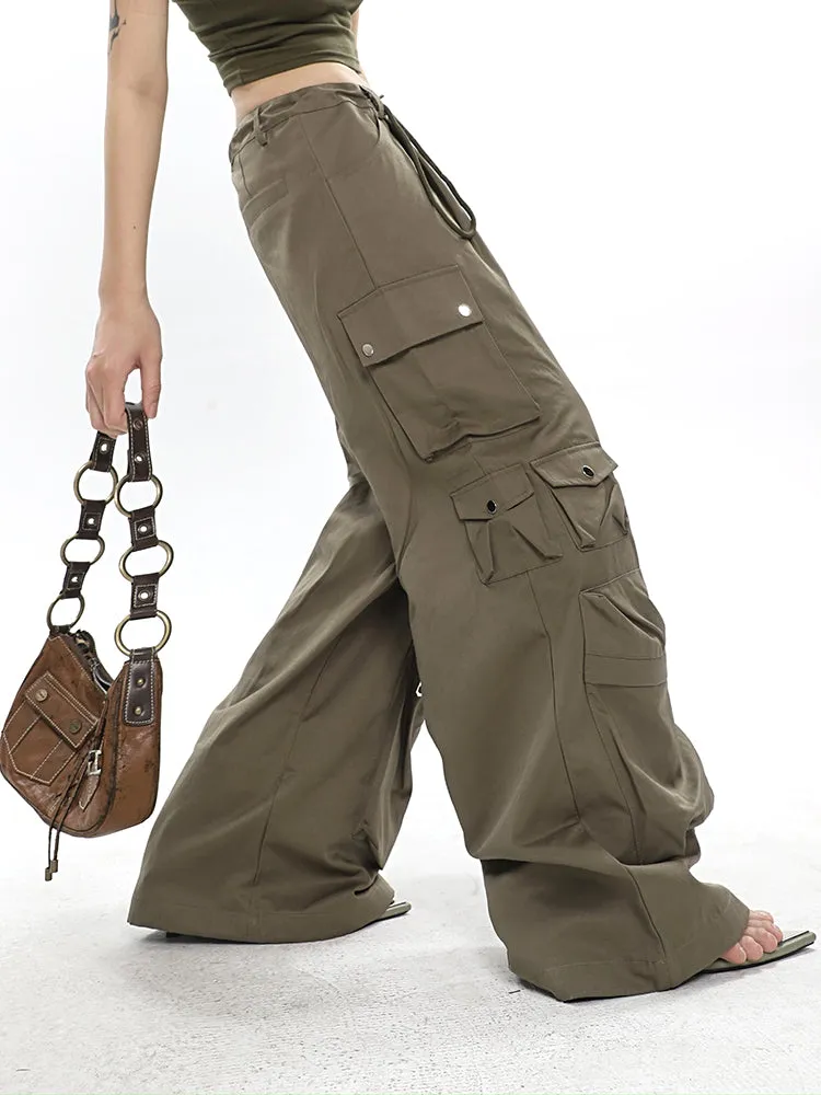 Nial Solid Color Army Green Multi Pocket Wide Leg Cargo Pants