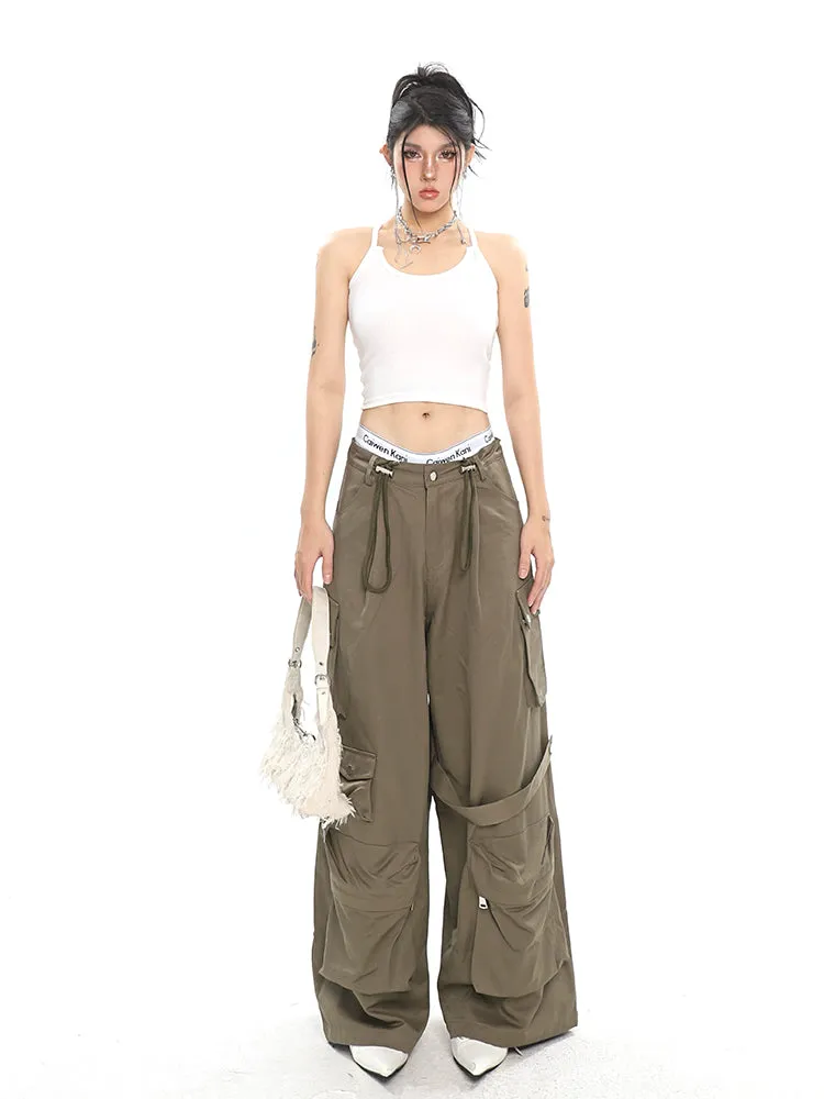 Nial Solid Color Army Green Multi Pocket Wide Leg Cargo Pants