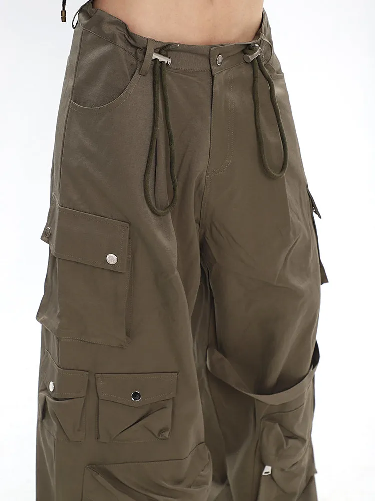 Nial Solid Color Army Green Multi Pocket Wide Leg Cargo Pants