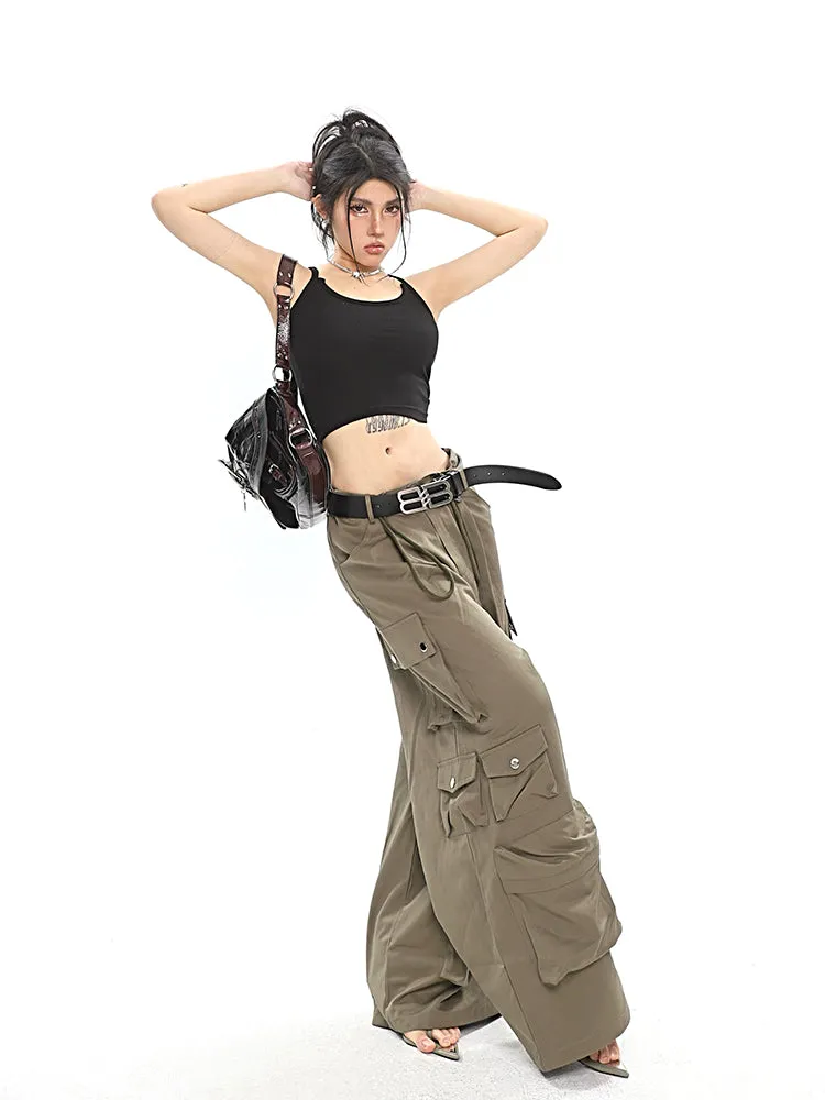 Nial Solid Color Army Green Multi Pocket Wide Leg Cargo Pants