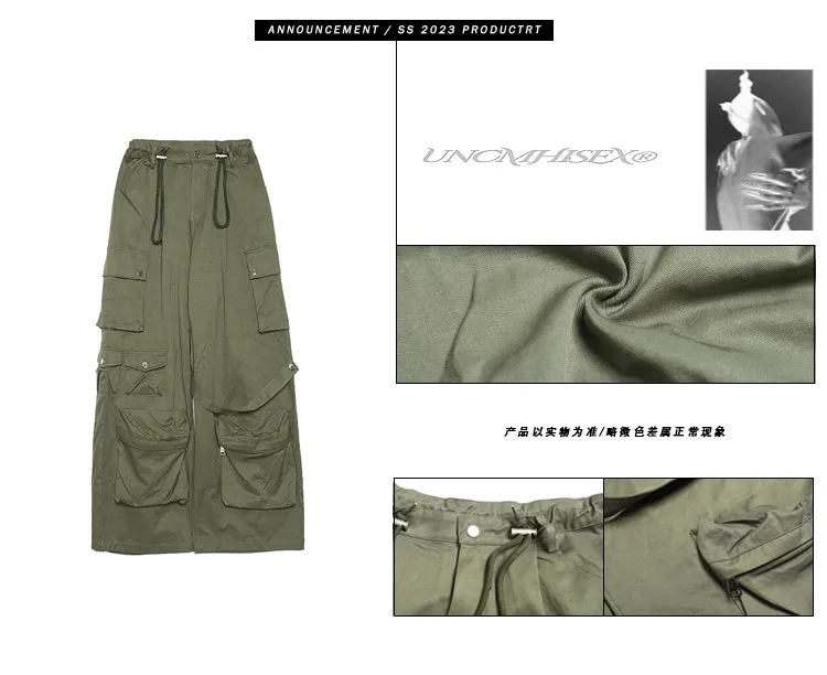 Nial Solid Color Army Green Multi Pocket Wide Leg Cargo Pants