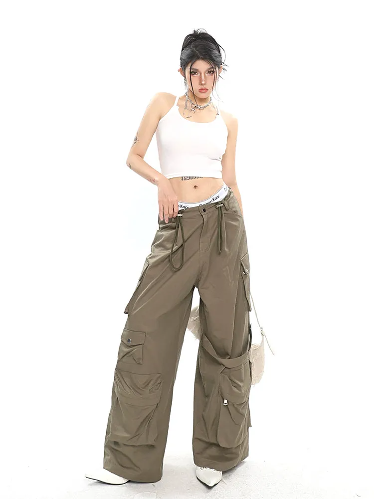 Nial Solid Color Army Green Multi Pocket Wide Leg Cargo Pants
