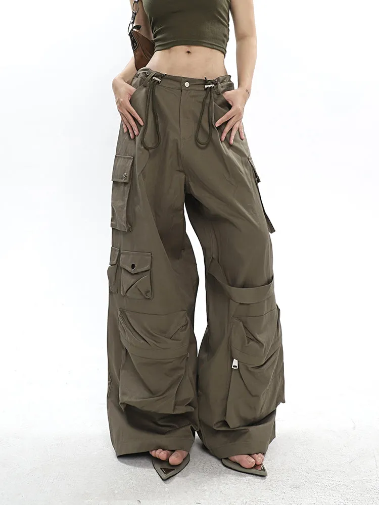 Nial Solid Color Army Green Multi Pocket Wide Leg Cargo Pants