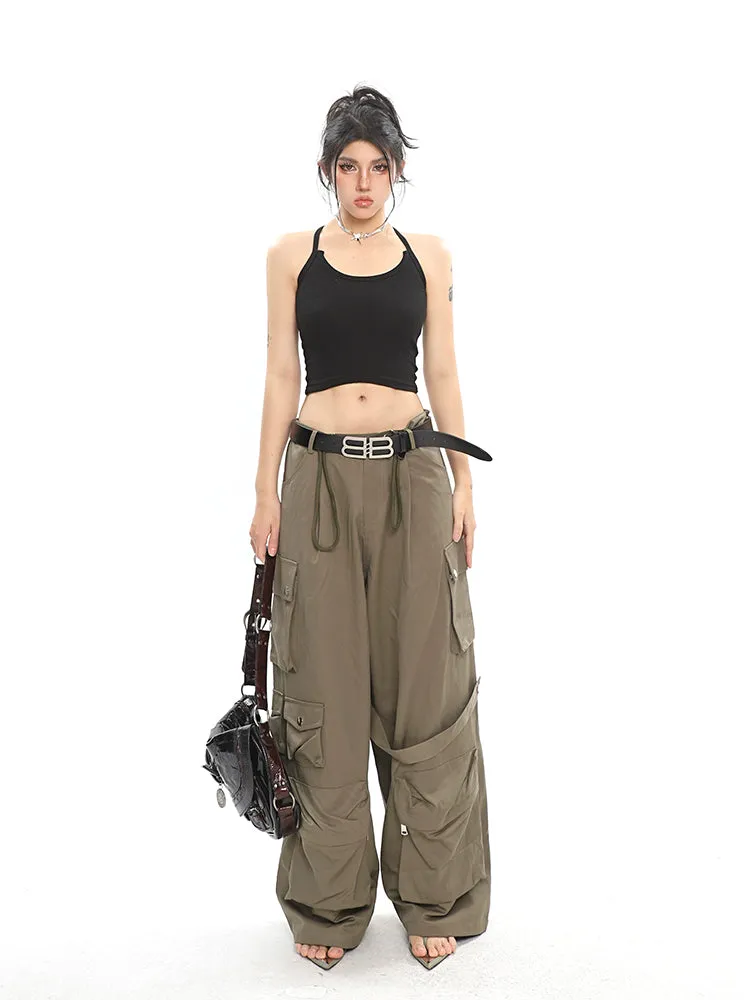 Nial Solid Color Army Green Multi Pocket Wide Leg Cargo Pants
