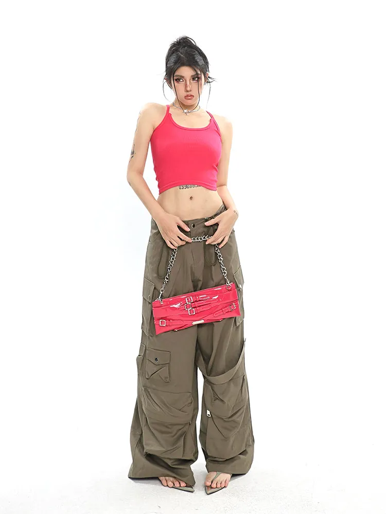 Nial Solid Color Army Green Multi Pocket Wide Leg Cargo Pants