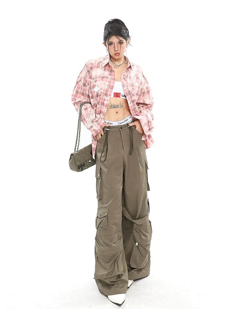 Nial Solid Color Army Green Multi Pocket Wide Leg Cargo Pants