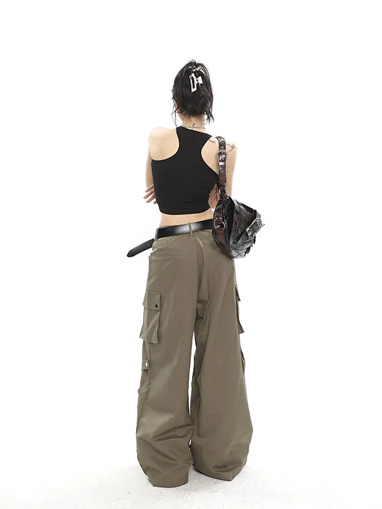 Nial Solid Color Army Green Multi Pocket Wide Leg Cargo Pants