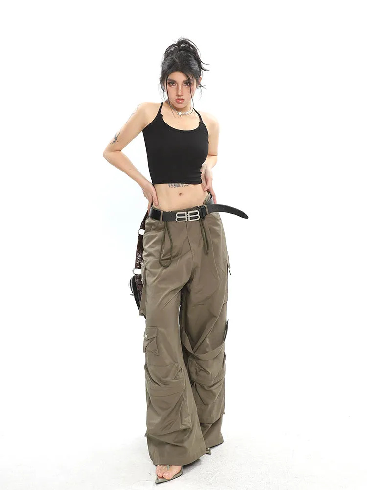 Nial Solid Color Army Green Multi Pocket Wide Leg Cargo Pants