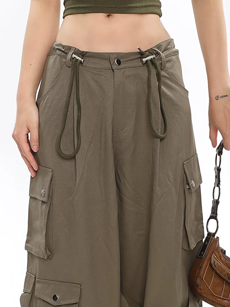 Nial Solid Color Army Green Multi Pocket Wide Leg Cargo Pants