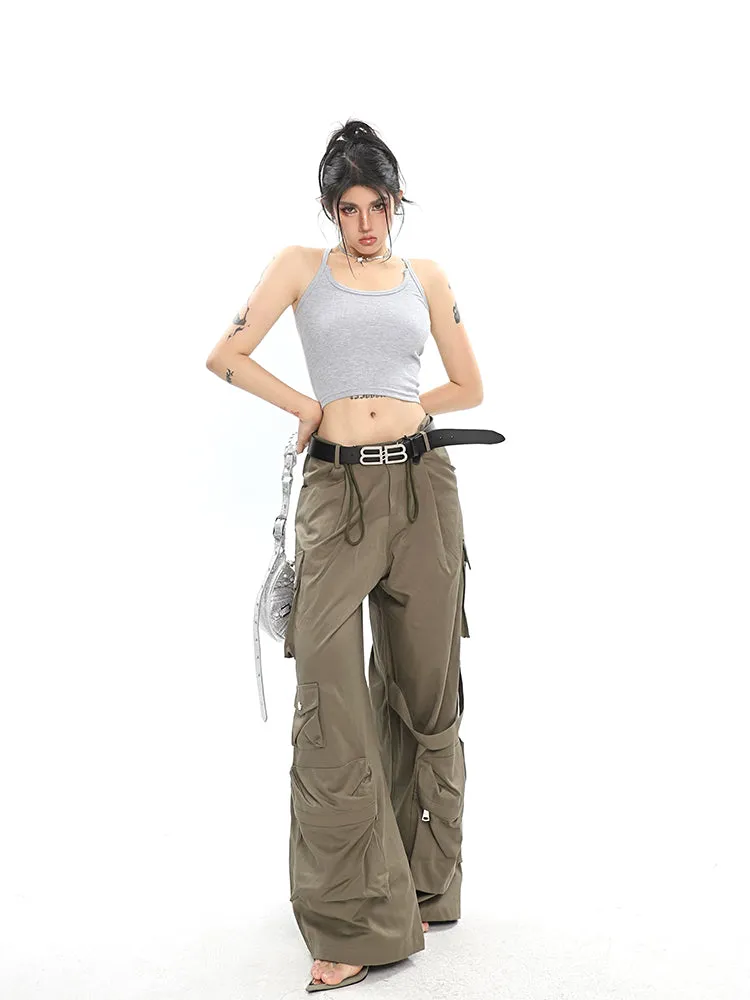 Nial Solid Color Army Green Multi Pocket Wide Leg Cargo Pants