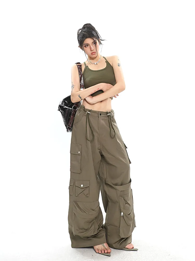 Nial Solid Color Army Green Multi Pocket Wide Leg Cargo Pants
