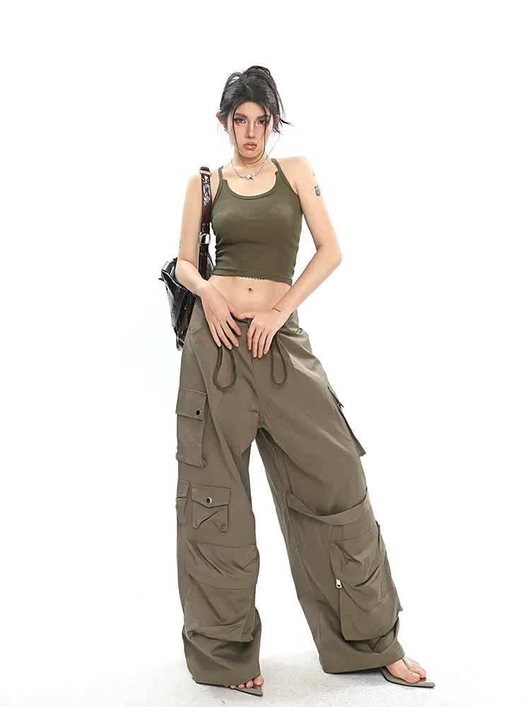 Nial Solid Color Army Green Multi Pocket Wide Leg Cargo Pants