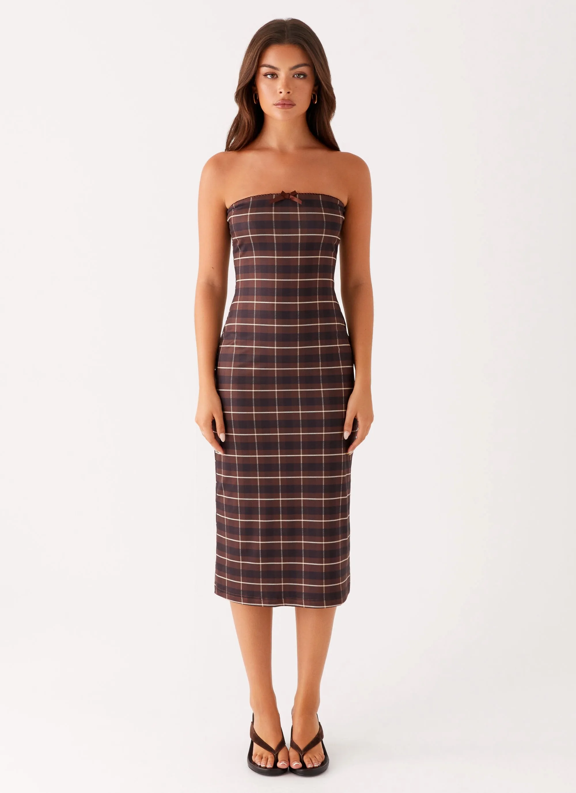 Niko Strapless Midi Dress - Brown Black Check Pearl-Detail Comfy and Cozy