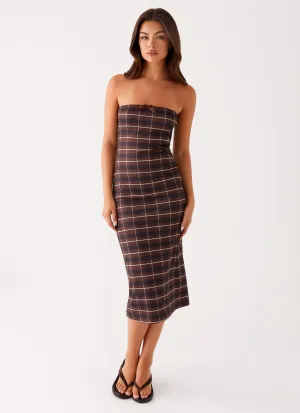 Niko Strapless Midi Dress - Brown Black Check Muted Tones