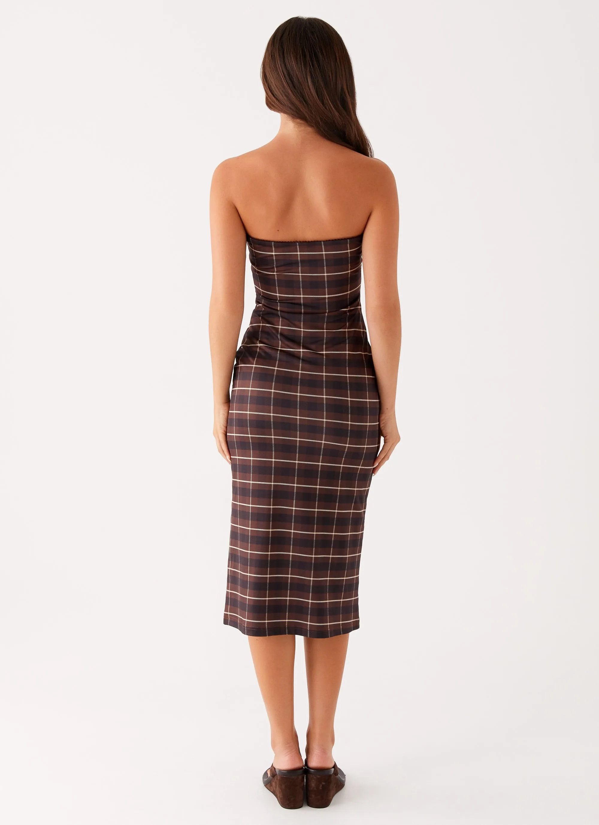 Niko Strapless Midi Dress - Brown Black Check Classic Flow