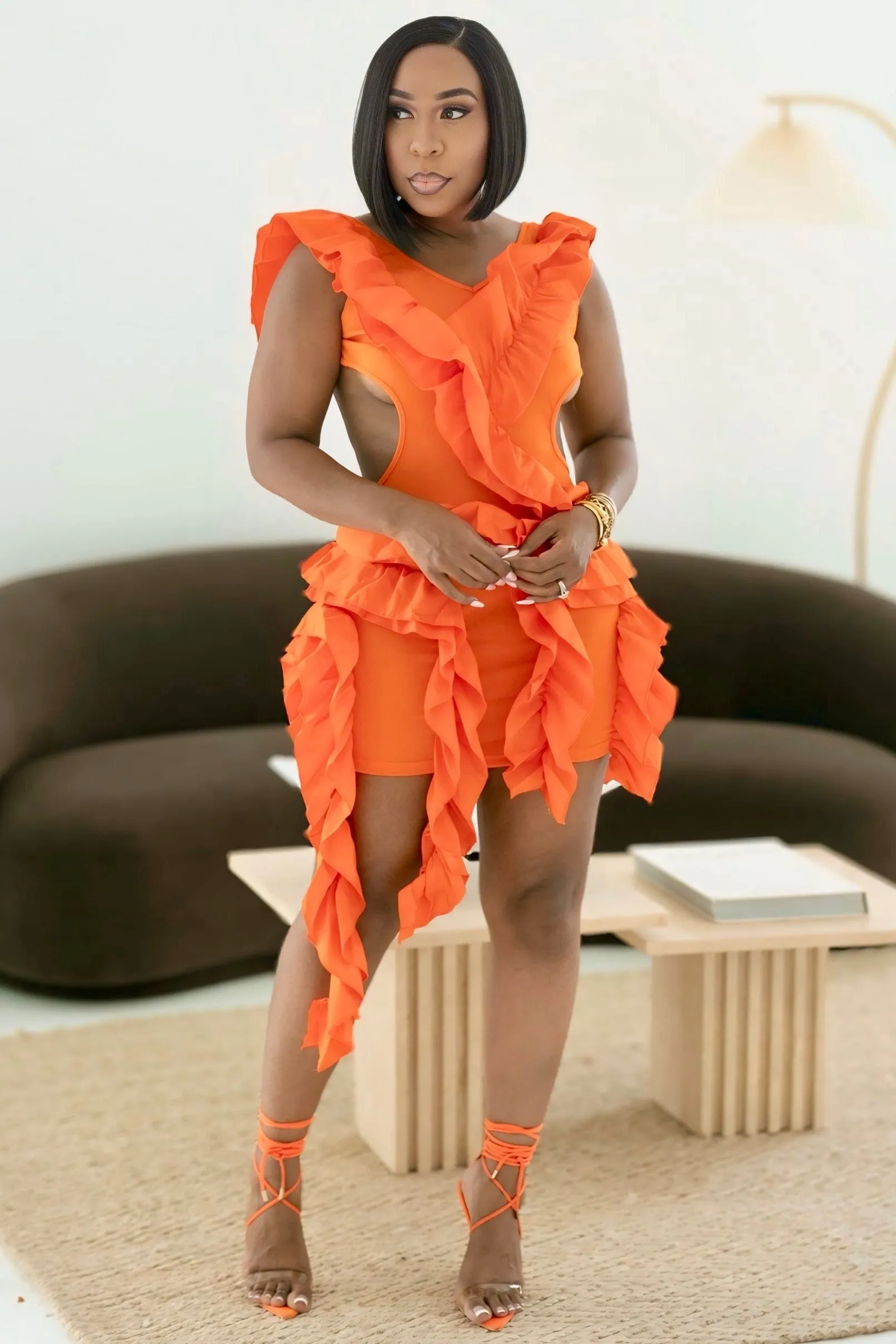 Nina Elegance Open Back Mini Dress-Orange Playful design piece Relaxed Vibe
