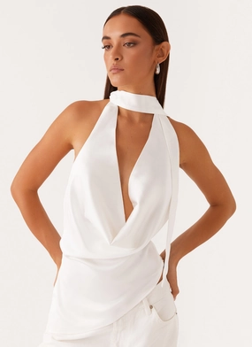 Nina Halterneck Scarf Top - White Wear Resistant Edge ButtonDownCollar