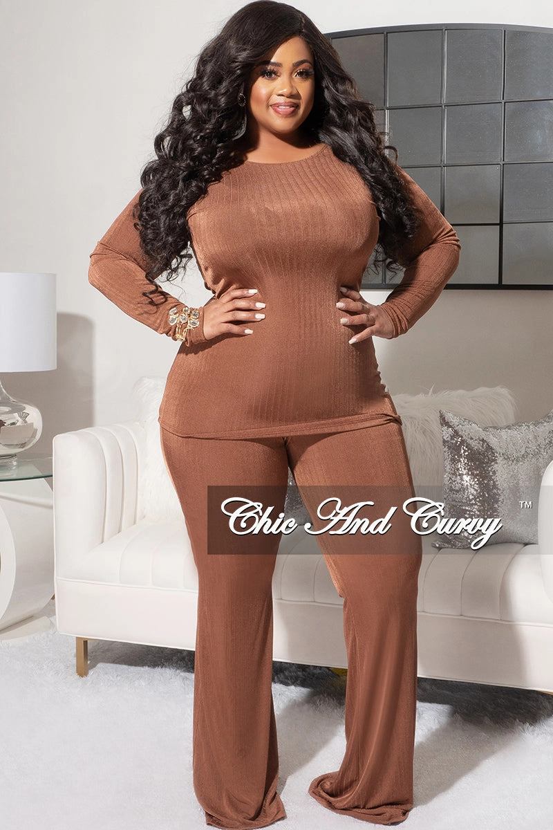 Final Sale Plus Size Ribbed 2pc Long Sleeve Top and Pants Set in Brown Rust NonChafingEdges