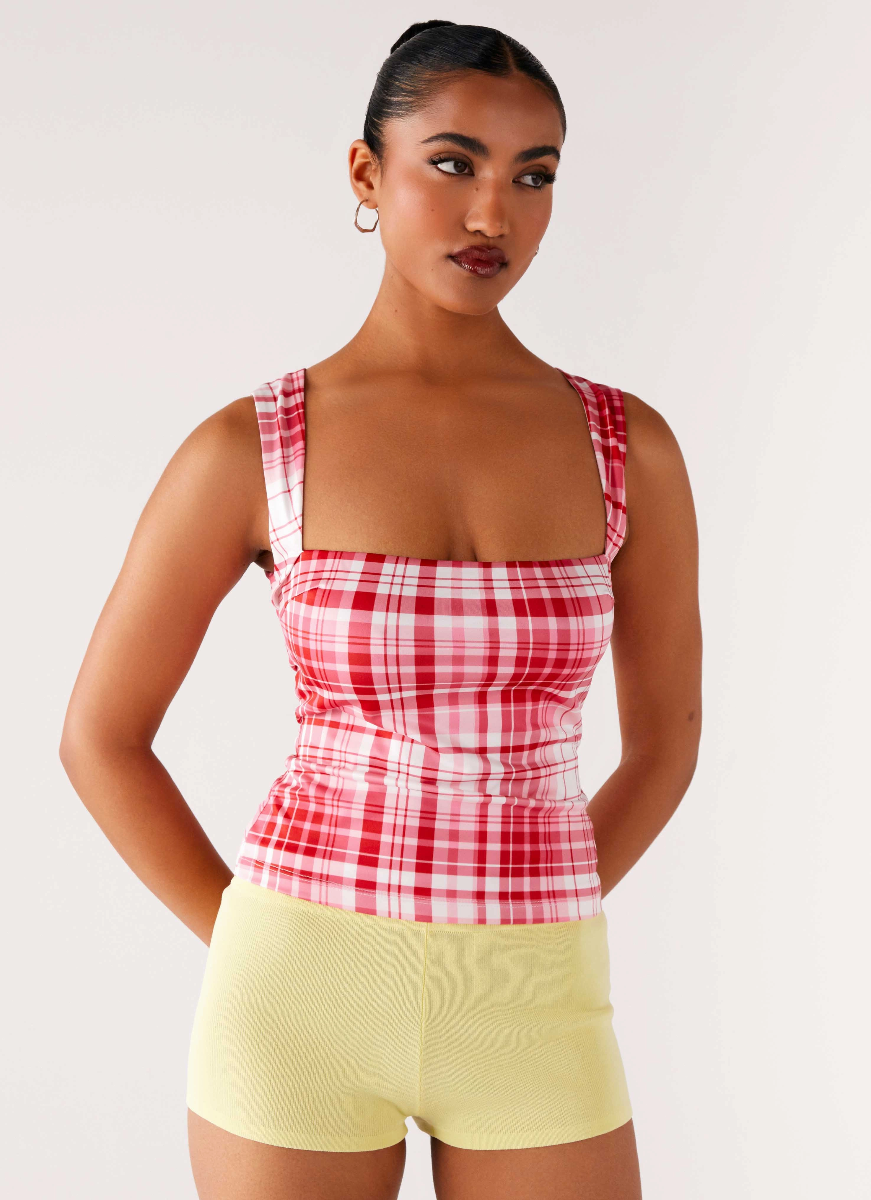 No Drama Strap Top - Pink Check Trendy Shirt