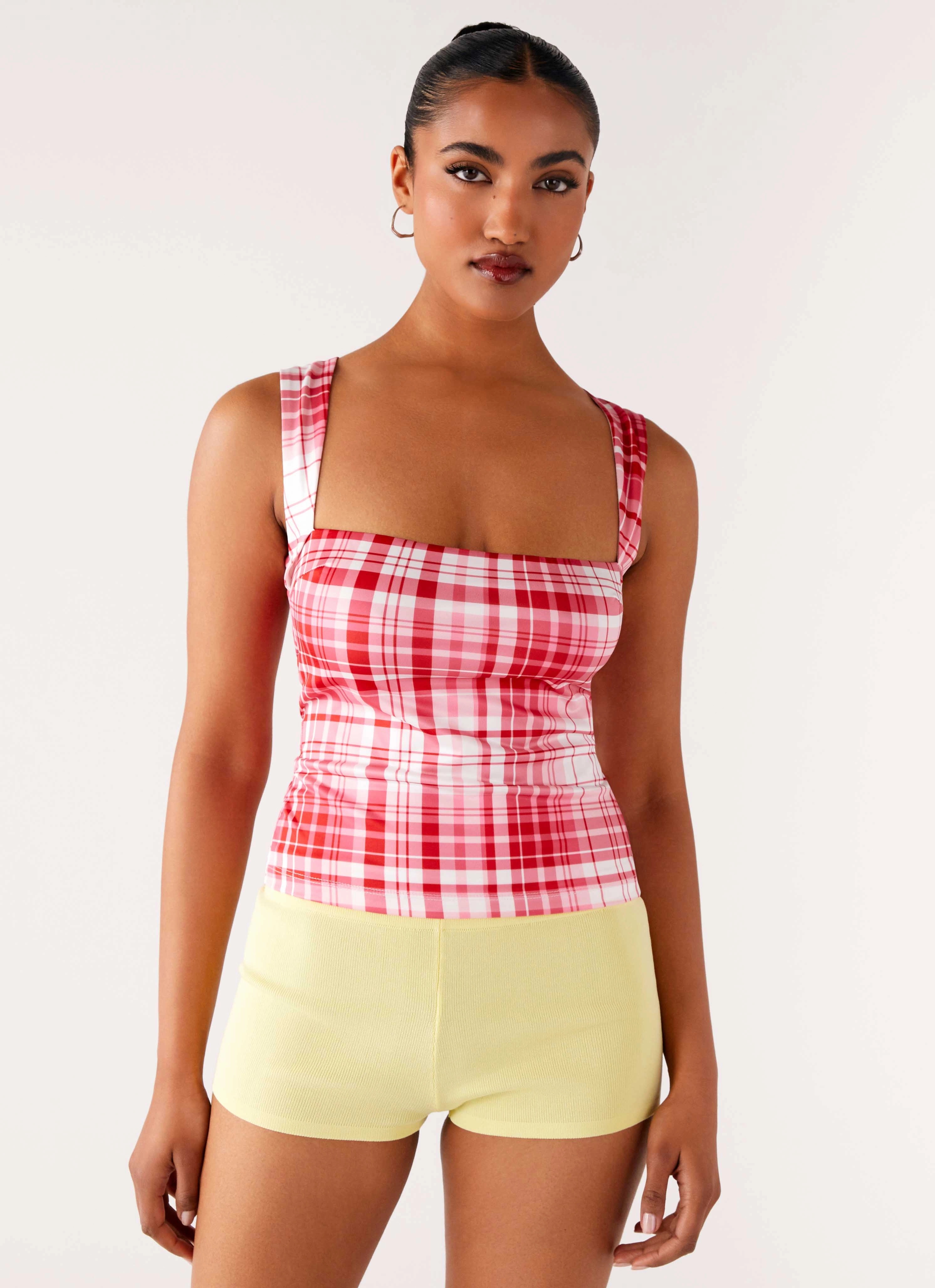 Stretch Weave Construction No Drama Strap Top - Pink Check