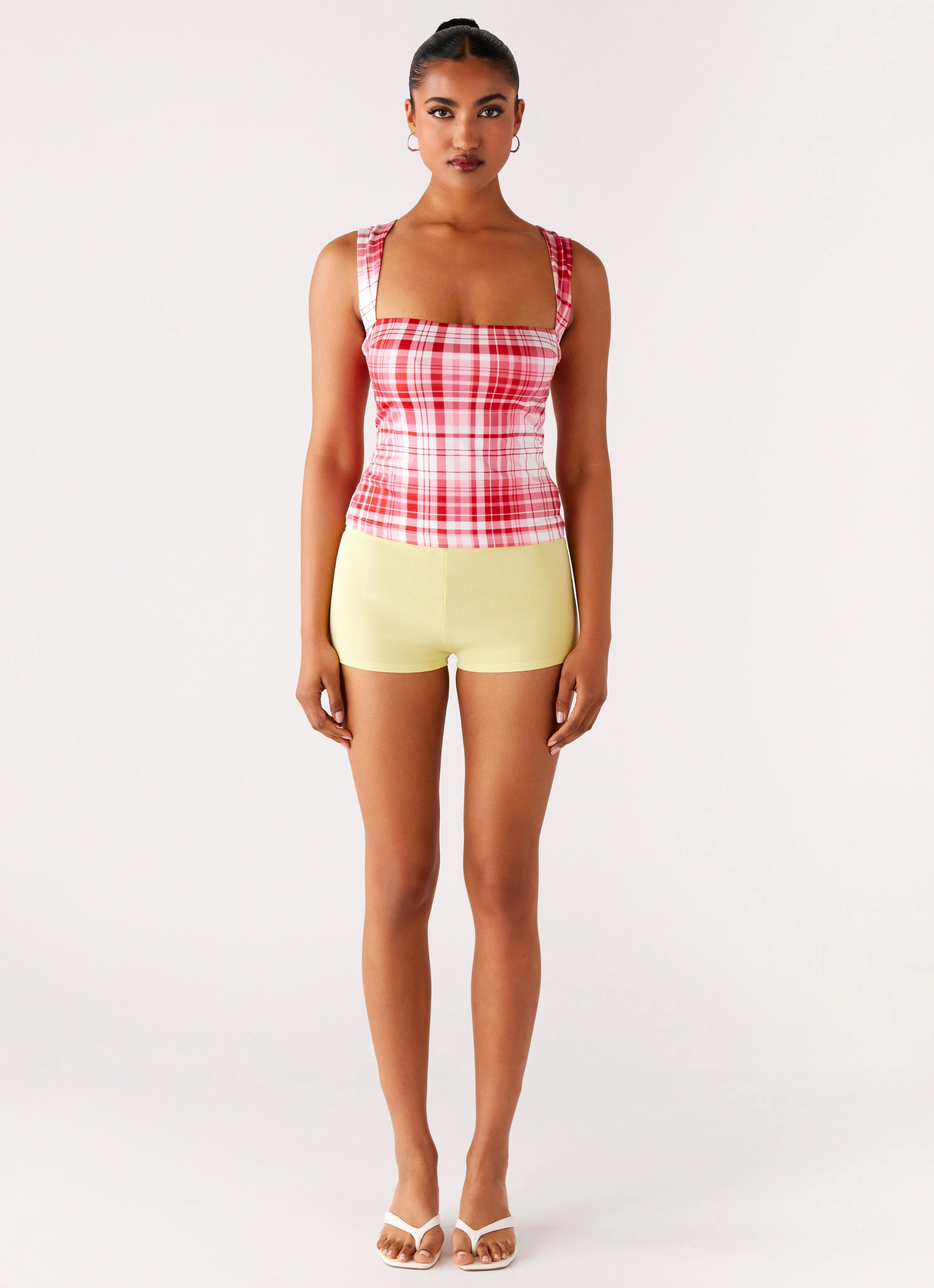 Long Sleeve Polo Hybrid Fabric Blend No Drama Strap Top - Pink Check