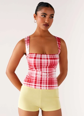 No Drama Strap Top - Pink Check Trendy Shirt