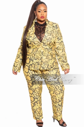 Final Plus Size Pants Suit in Yellow and Black Snake Skin Rayon drape Effortless Layer
