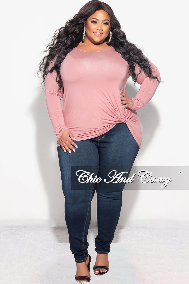 Final Sale Plus Size Long Sleeve Top with Knotted Front in Rose Pink wrinkle free