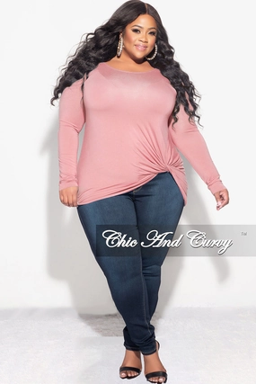 Final Sale Plus Size Long Sleeve Top with Knotted Front in Rose Pink Cozy Lining