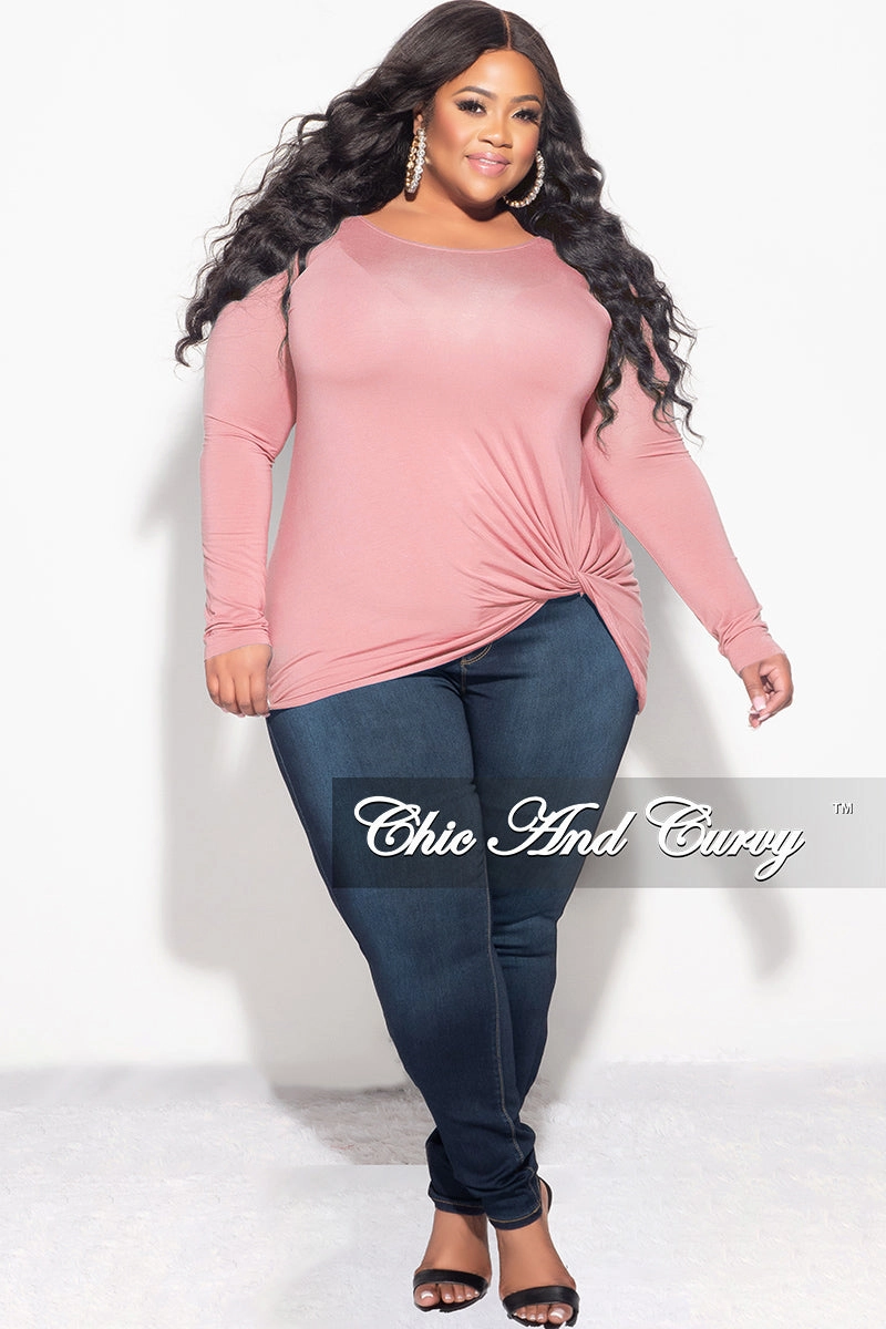 Final Sale Plus Size Long Sleeve Top with Knotted Front in Rose Pink Cozy Lining