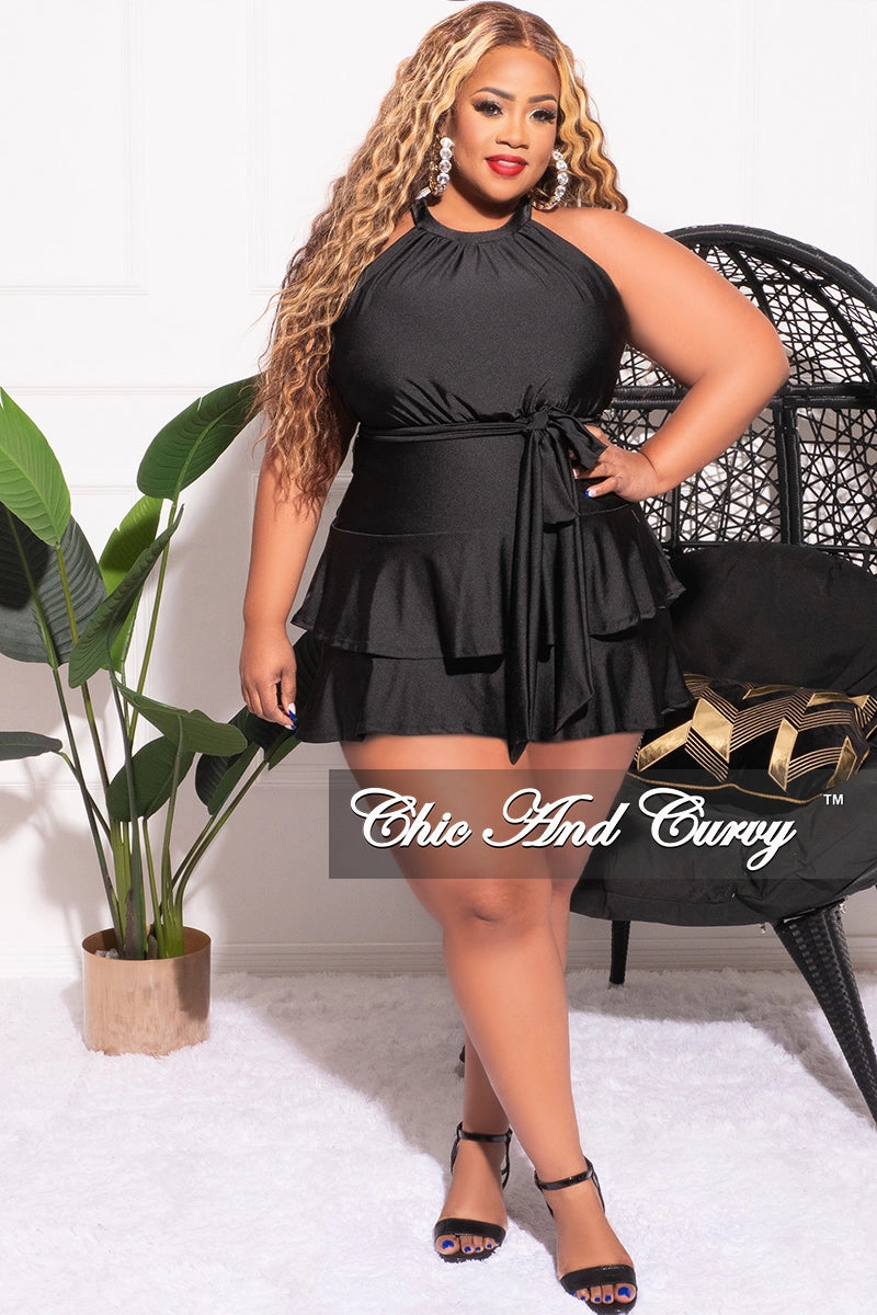 Soft Interior Final Sale Plus Size Halter Layered Dress with Waist Tie in Black