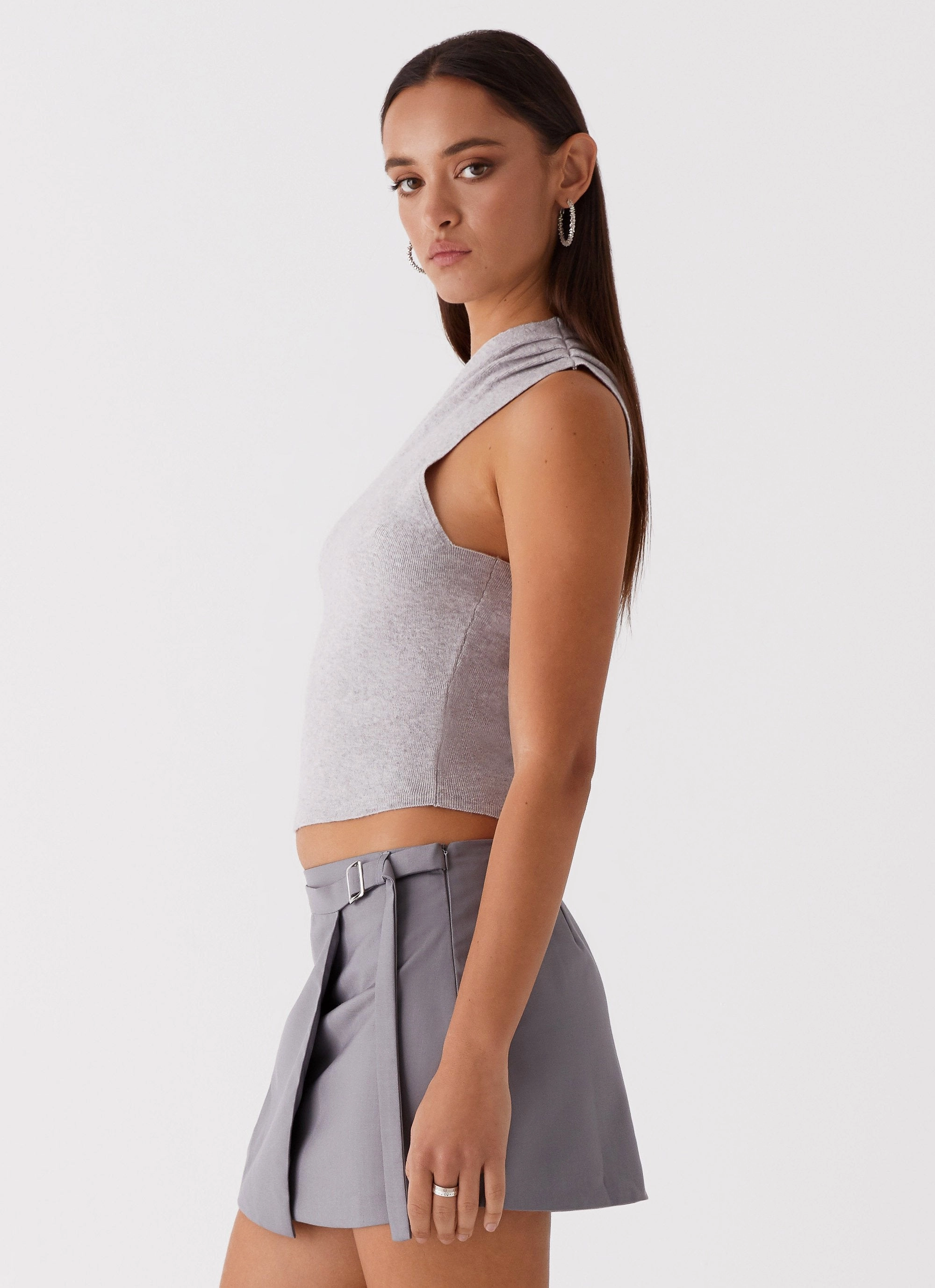 Indy One Shoulder Knit Top - Grey Layered Collar Structure QuickDry Performance
