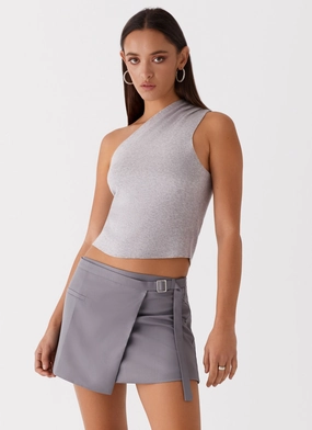Indy One Shoulder Knit Top - Grey RelaxedNeckline Lightweight pullover