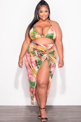 Final Sale Plus Size 3pc Set Bikini Top, Briefs & Skirt in Pink Green and Yellow Print Summer LowProfileTopstitching