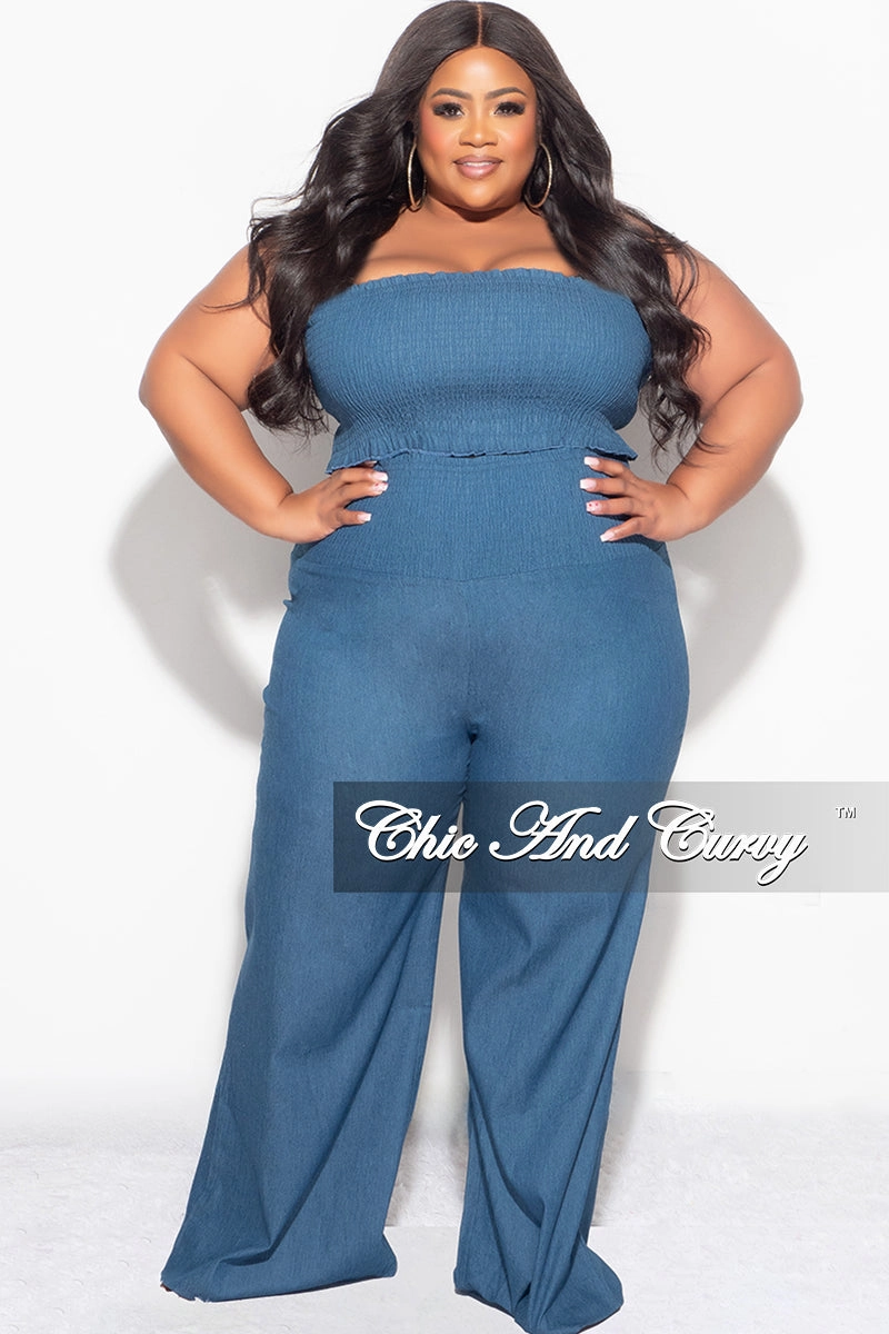 Final Sale Plus Size 2pc Strapless Crop Top and Pants Set in Denim Anti Odor Treatment Sporty Vibe