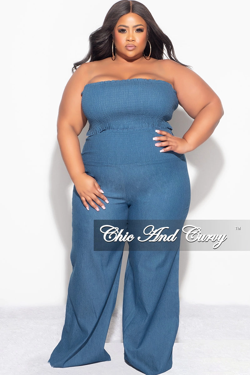 Final Sale Plus Size 2pc Strapless Crop Top and Pants Set in Denim Effortless Look Heat Control