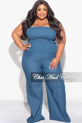 Adaptable Fit Final Sale Plus Size 2pc Strapless Crop Top and Pants Set in Denim