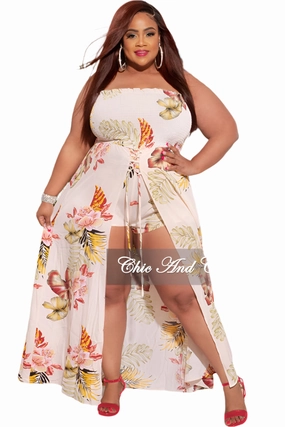 Sporty Comfort Wear Final Sale Plus Size Strapless Romper in Ivory Floral Print