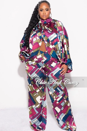 Decorative stitching No Gap Waistband Final Sale Plus Size 2pc Stain Balloon Sleeve Crop Top and Palazzo Pants Set Multi Color Print