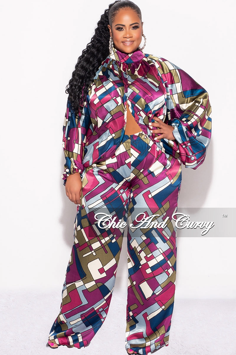 Final Sale Plus Size 2pc Stain Balloon Sleeve Crop Top and Palazzo Pants Set Multi Color Print Comfort Layer Wear NonChafingLegs