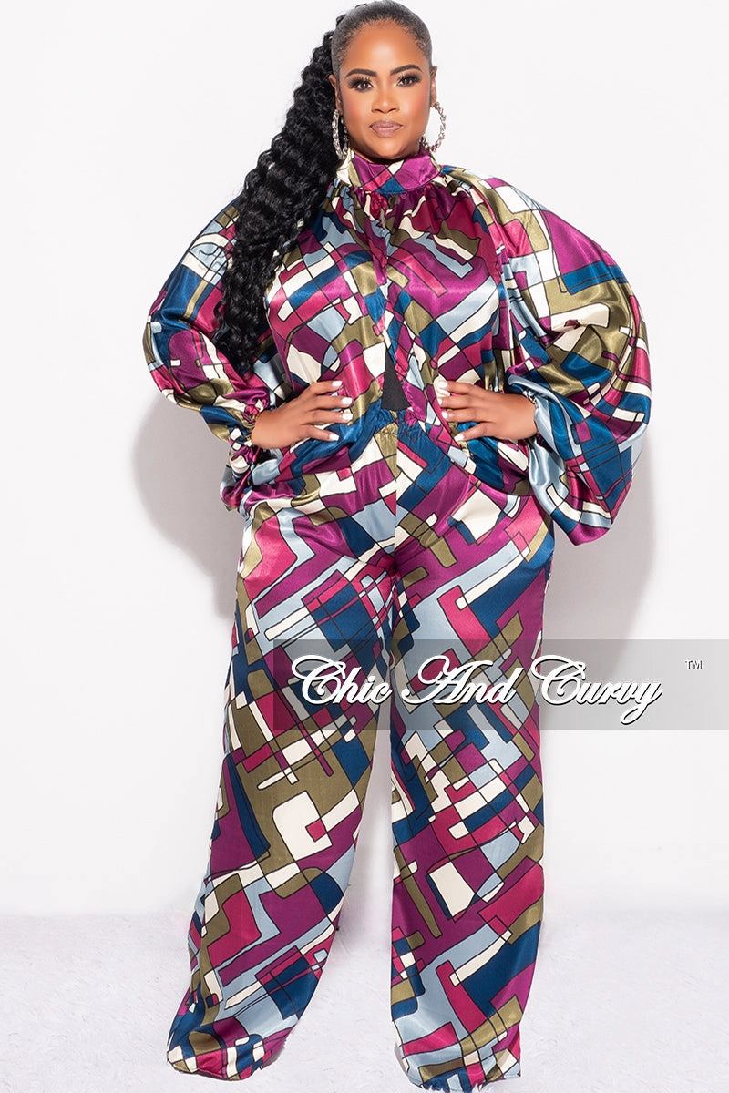 Flatlock Seams Final Sale Plus Size 2pc Stain Balloon Sleeve Crop Top and Palazzo Pants Set Multi Color Print