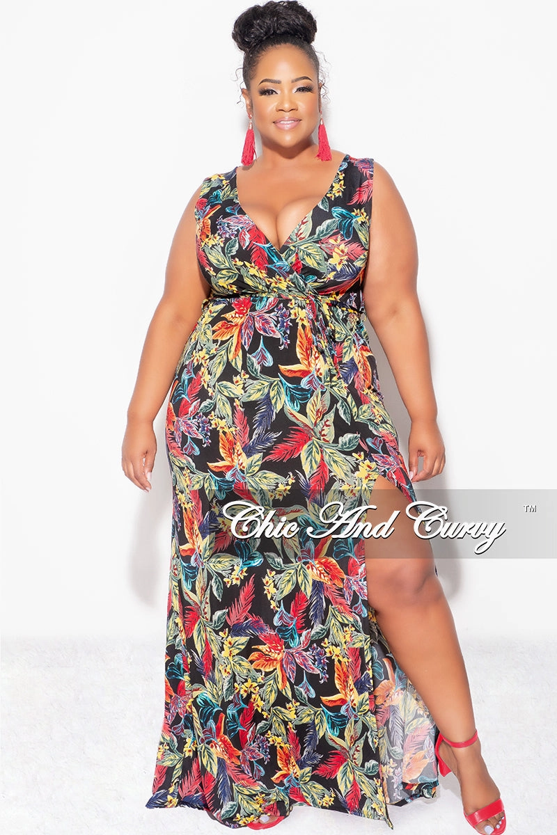 Fashionable Waist anti slip grip Final Sale Plus Size Faux Wrap Maxi Dress with Side Slit in Black Multi Color Leaf Print