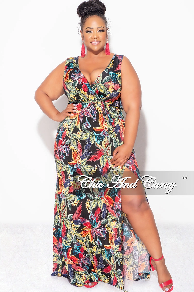 Comfort Layer Wear Rubberized grip Final Sale Plus Size Faux Wrap Maxi Dress with Side Slit in Black Multi Color Leaf Print