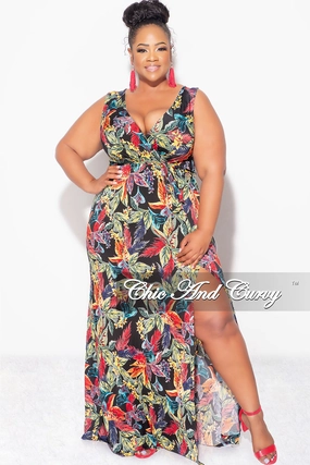 Comfort Layer Wear Rubberized grip Final Sale Plus Size Faux Wrap Maxi Dress with Side Slit in Black Multi Color Leaf Print