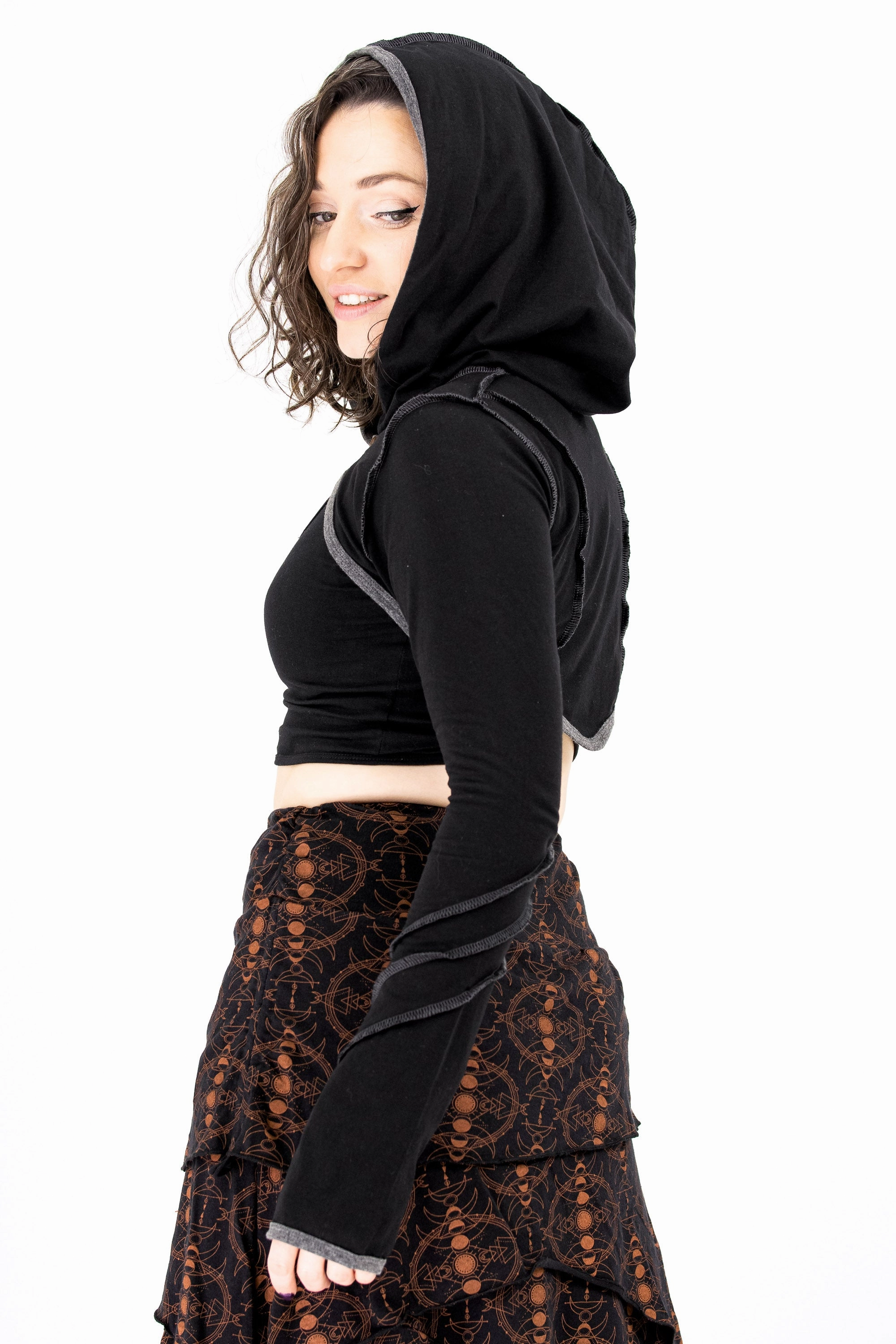 Adjustable Hood System Roll Up Storage Design Pixie Shrug w/Piping