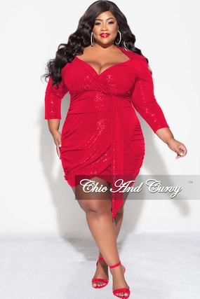 Final Sale Plus Size Bodycon V-Neck Long Sleeve Confetti Dot Knit Sequin Dress in Red Flexible Ribbed Cuffs