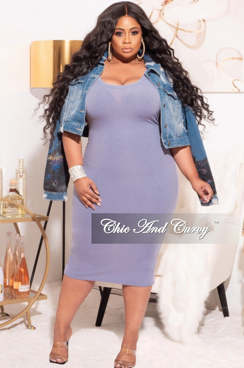 Wrinkle resistant fabric Final Sale Plus Size Ribbed BodyCon Tank Dress in Blue Lilac